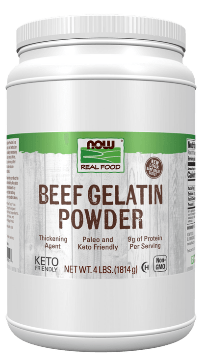 NOW Foods Beef Gelatin Powder, Keto-friendly thickening agent with 9g protein, versatile for cooking and baking, Norwegian product.