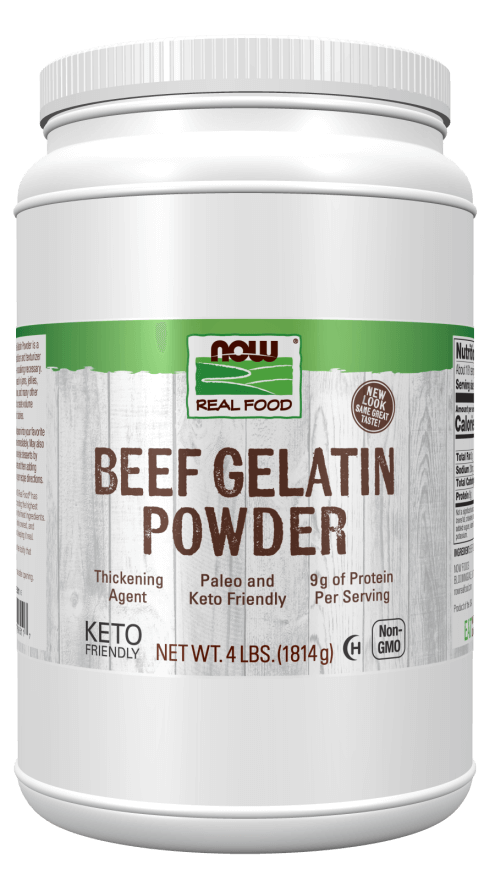 NOW Foods Beef Gelatin Powder, Keto-friendly thickening agent with 9g protein, versatile for cooking and baking, Norwegian product.