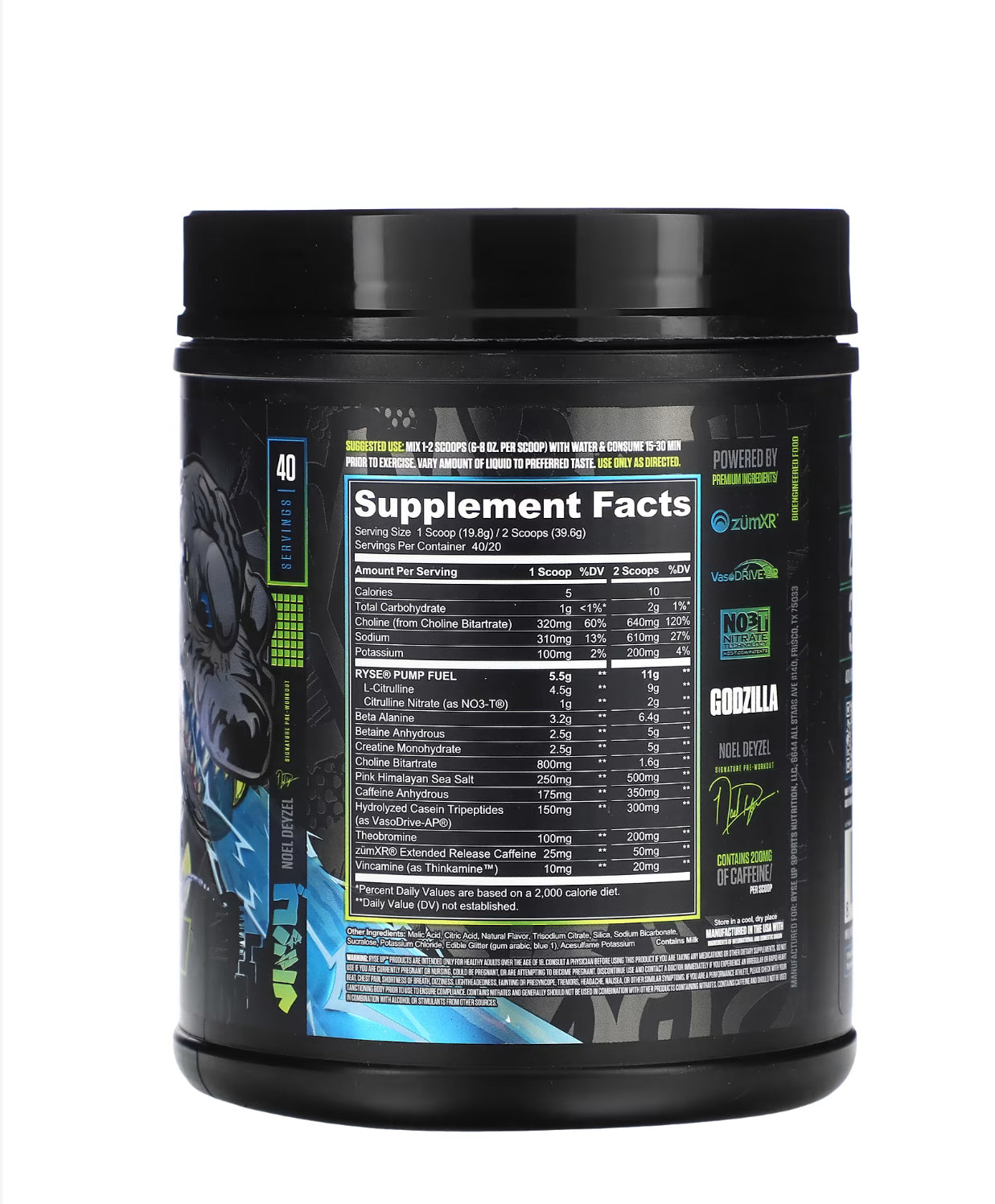 RYSE Godzilla Pre-Workout supplement facts label, Monsterberry Lime flavor, 1.74 lb (792 g), with nutritional details.