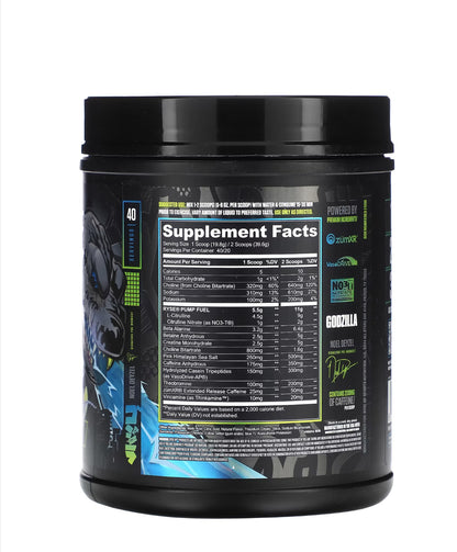 RYSE Godzilla Pre-Workout supplement facts label, Monsterberry Lime flavor, 1.74 lb (792 g), with nutritional details.