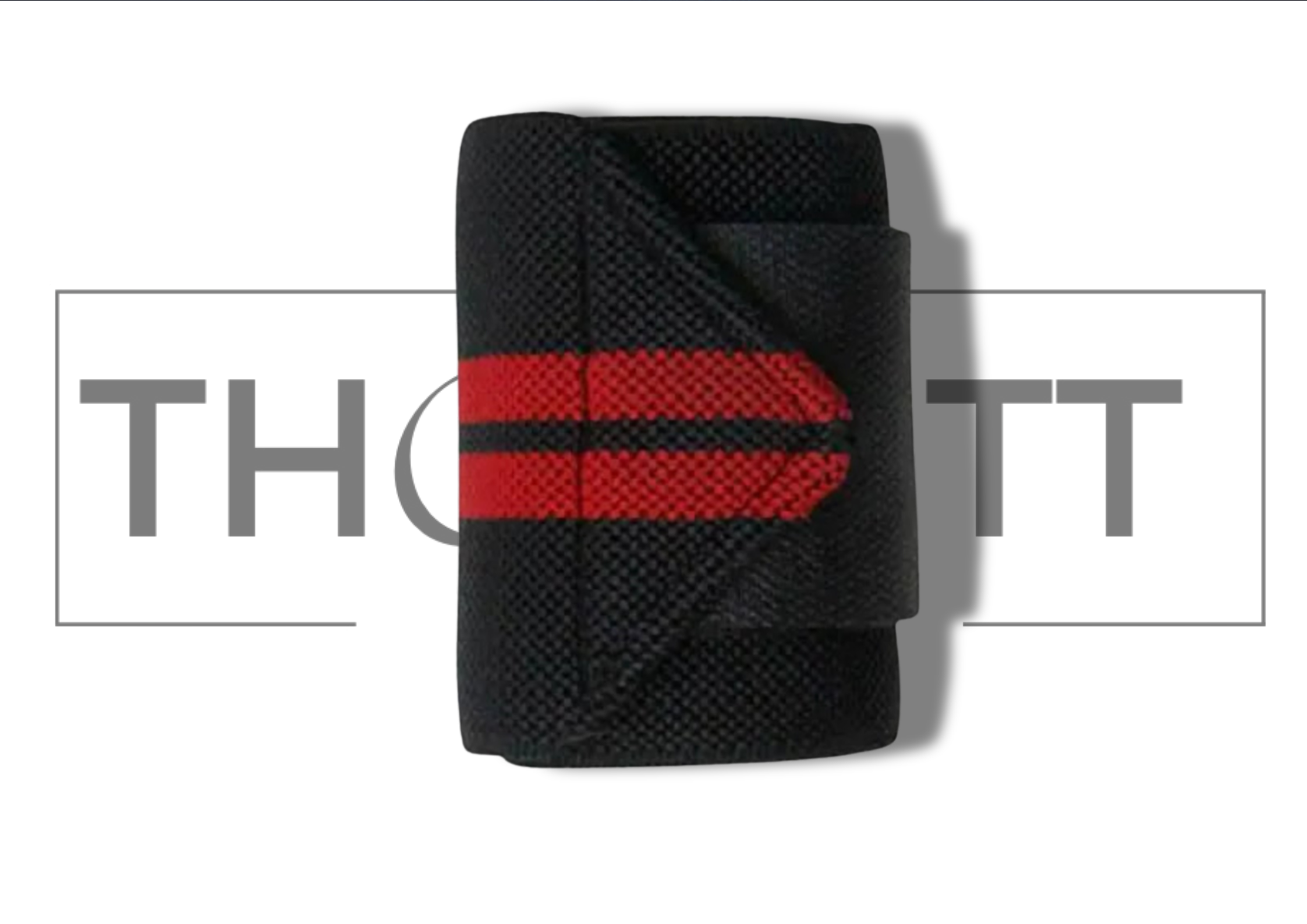 Wrist wrap in black with red stripes, designed for weightlifting support and grip assistance.