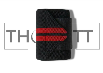 Wrist wrap in black with red stripes, designed for weightlifting support and grip assistance.