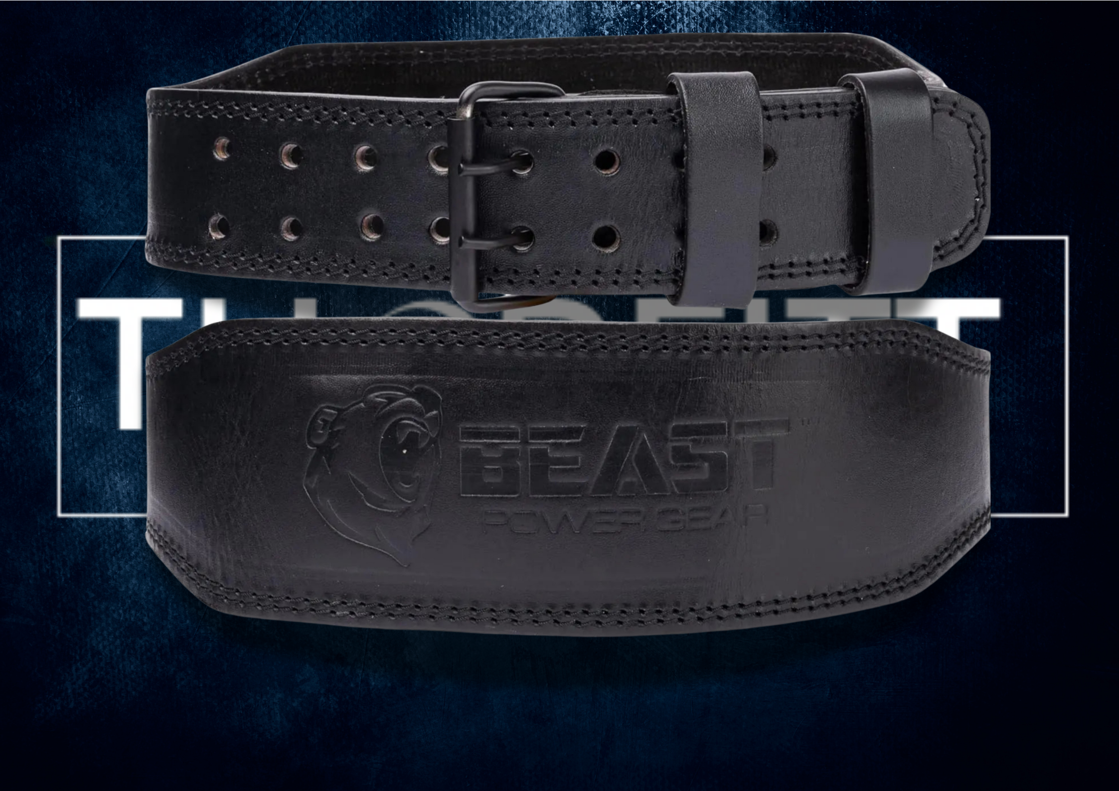 Powerlifting belt in black leather with double-prong buckle, providing strong support and durability for lifting.