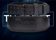 Powerlifting belt in black leather with double-prong buckle, providing strong support and durability for lifting.