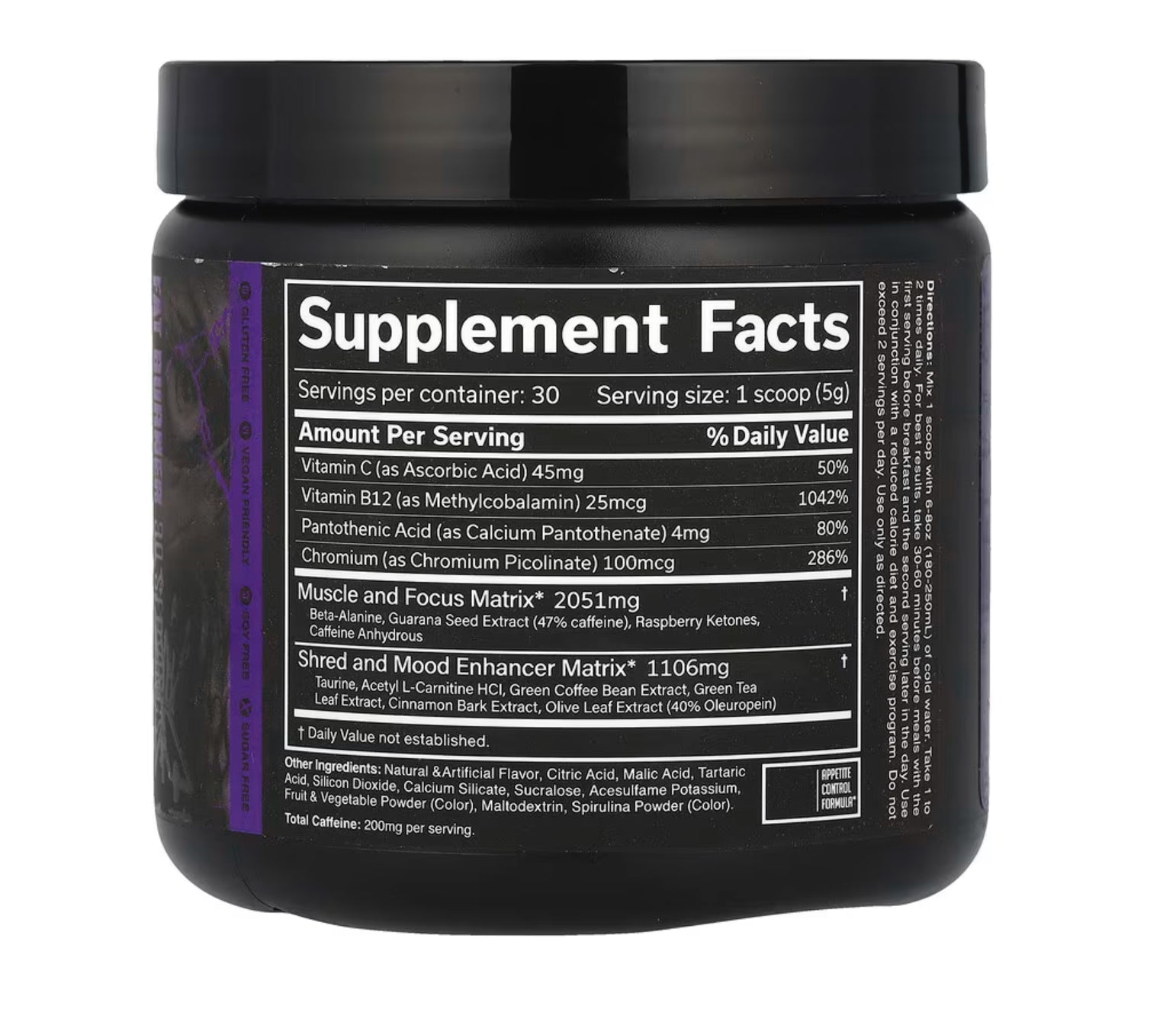 JNX Sports The Ripper! fetburner supplement facts label with vitamins, creatine, and mood enhancer matrix details.