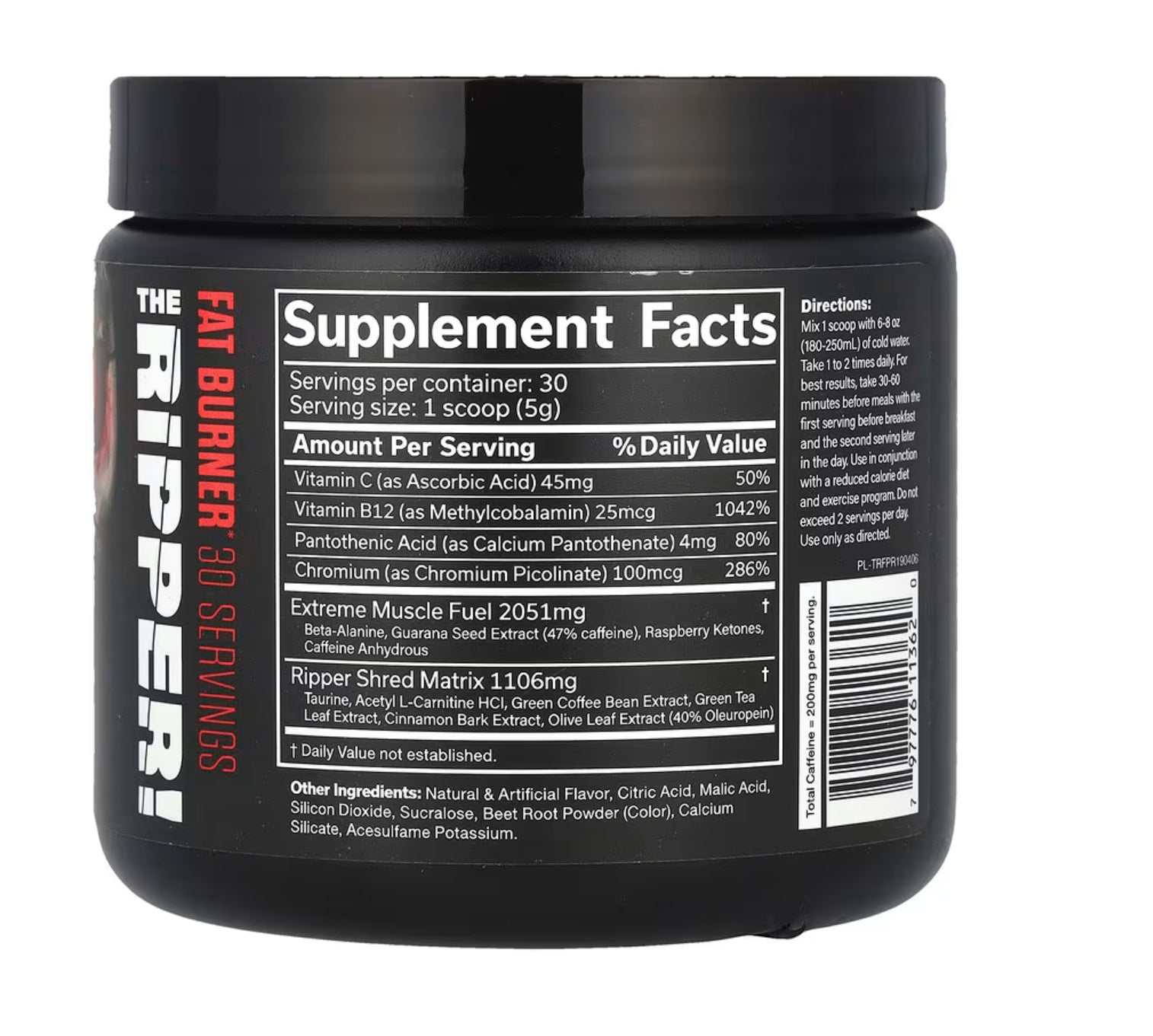 JNX Sports, The Ripper Fat Burner supplement facts label: vitamins, creatine, D vitamins, and ingredients listed.
