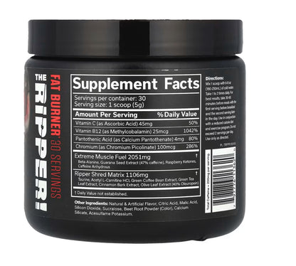 JNX Sports, The Ripper Fat Burner supplement facts label: vitamins, creatine, D vitamins, and ingredients listed.