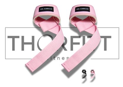 Lifting straps in pink from ThorFit, ideal for strength training and providing wrist support for both men and women.