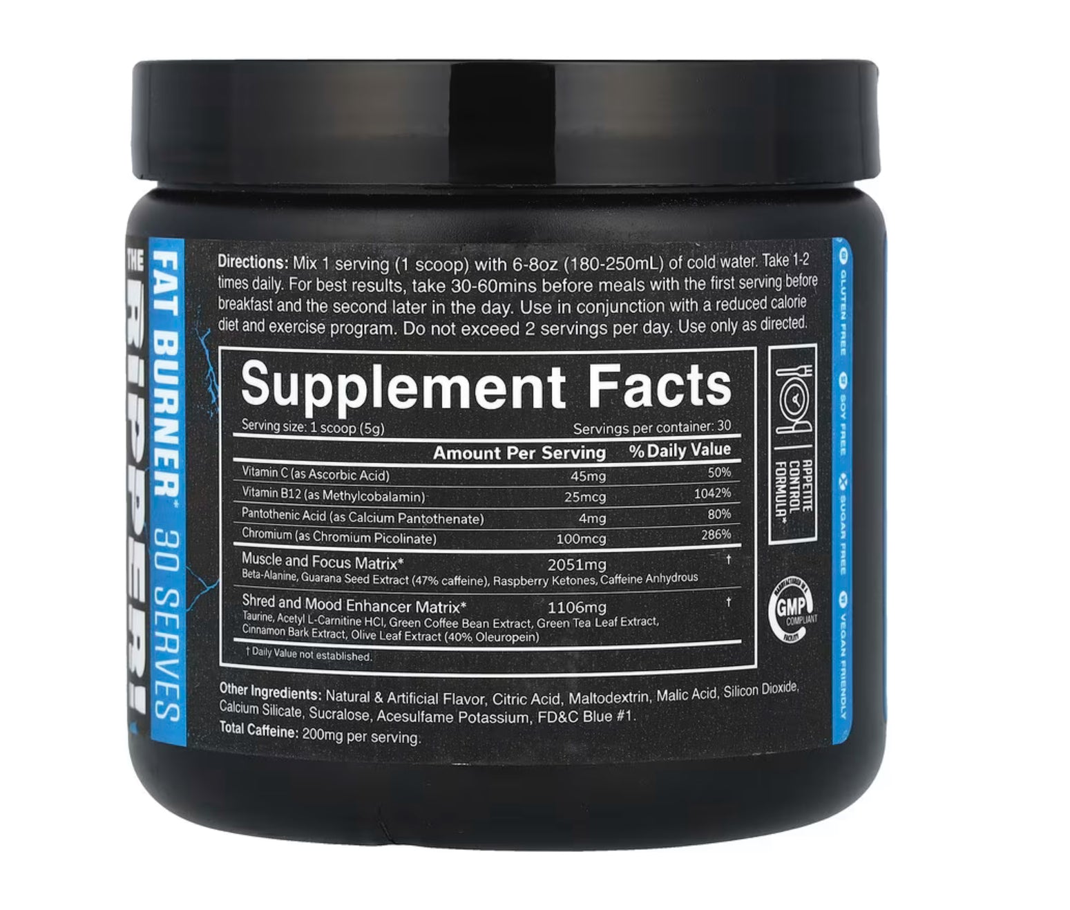 JNX Sports The Ripper Fat Burner, Blue Raspberry, Supplement Facts label with vitamins and ingredients info.