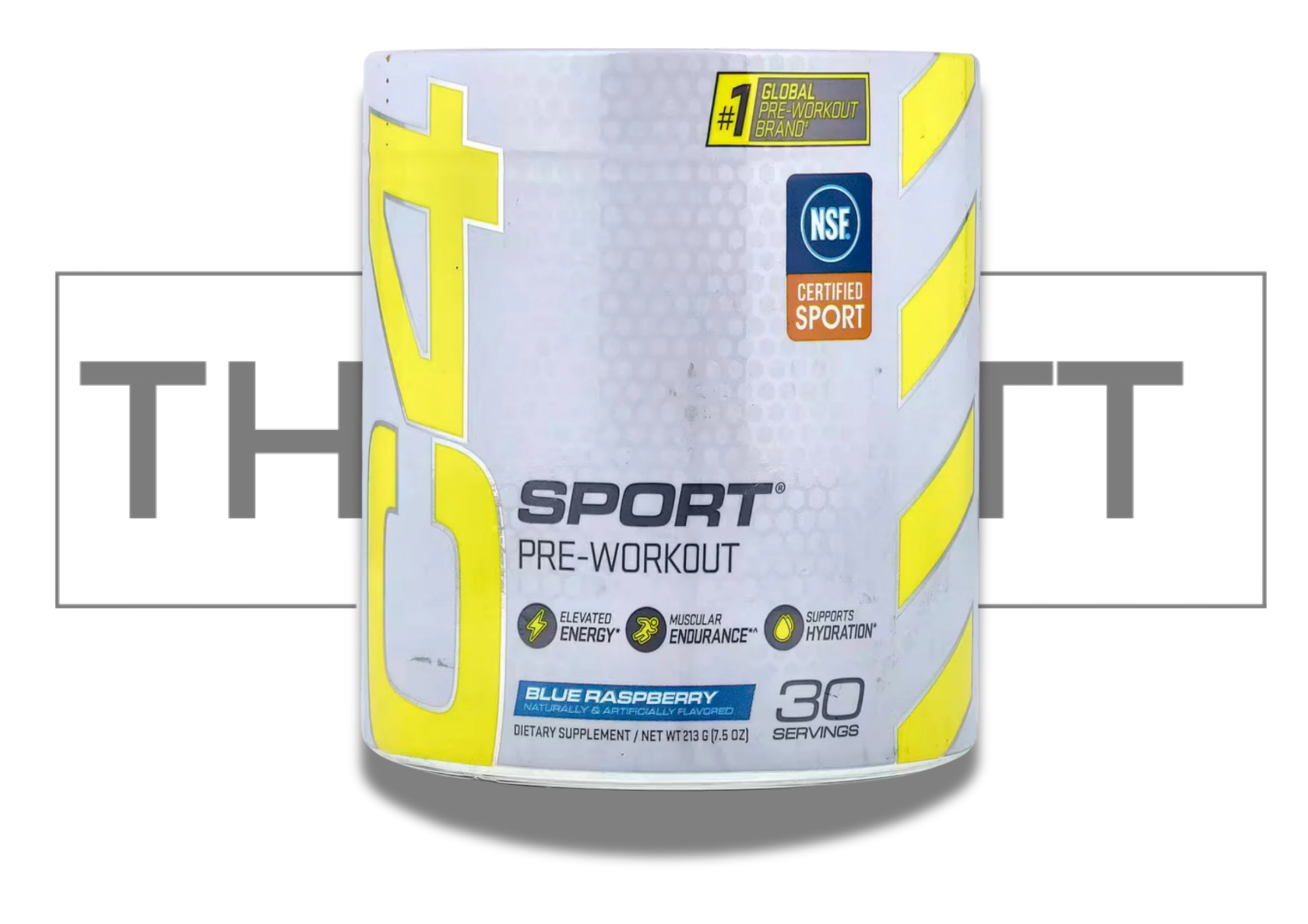 C4 Sport Pre-Workout supplement canister in Blue Raspberry flavor; NSF Certified, 30 servings, for energy and endurance.