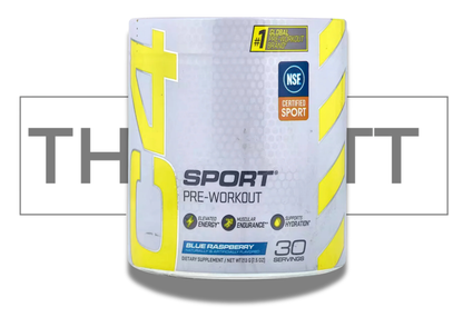 C4 Sport Pre-Workout supplement canister in Blue Raspberry flavor; NSF Certified, 30 servings, for energy and endurance.