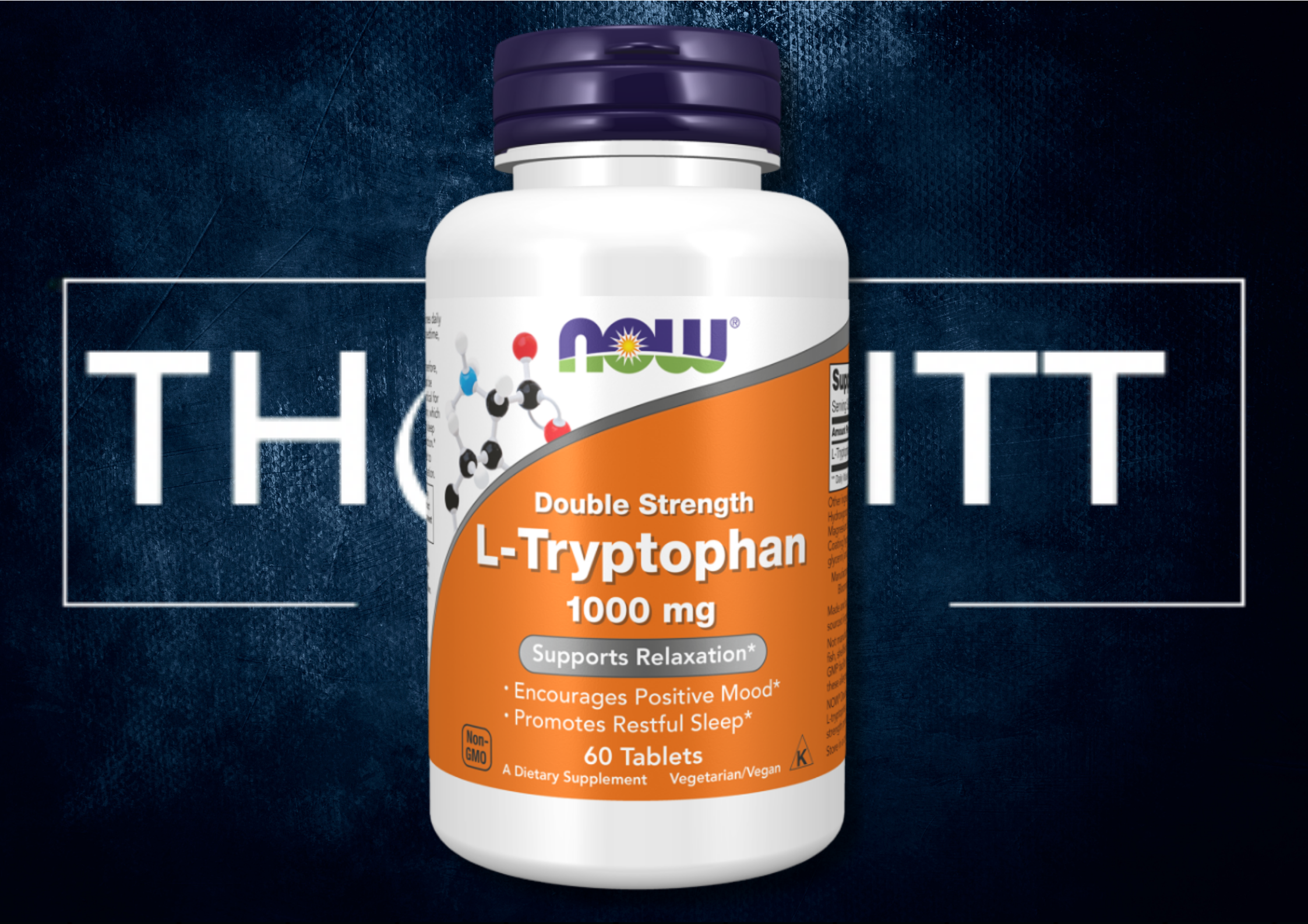 L-Tryptophan kosttilskudd 1000 mg i flaske med 60 tabletter, støtter avslapning og positiv stemning.