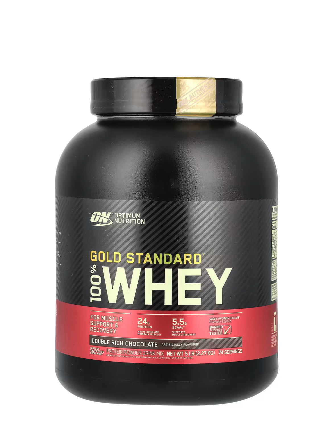 Optimum Nutrition Gold Standard 100% Whey protein, Double Rich Chocolate, 5 lbs, for muscle recovery and vitamins.