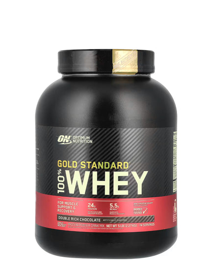 Optimum Nutrition Gold Standard 100% Whey protein, Double Rich Chocolate, 5 lbs, for muscle recovery and vitamins.