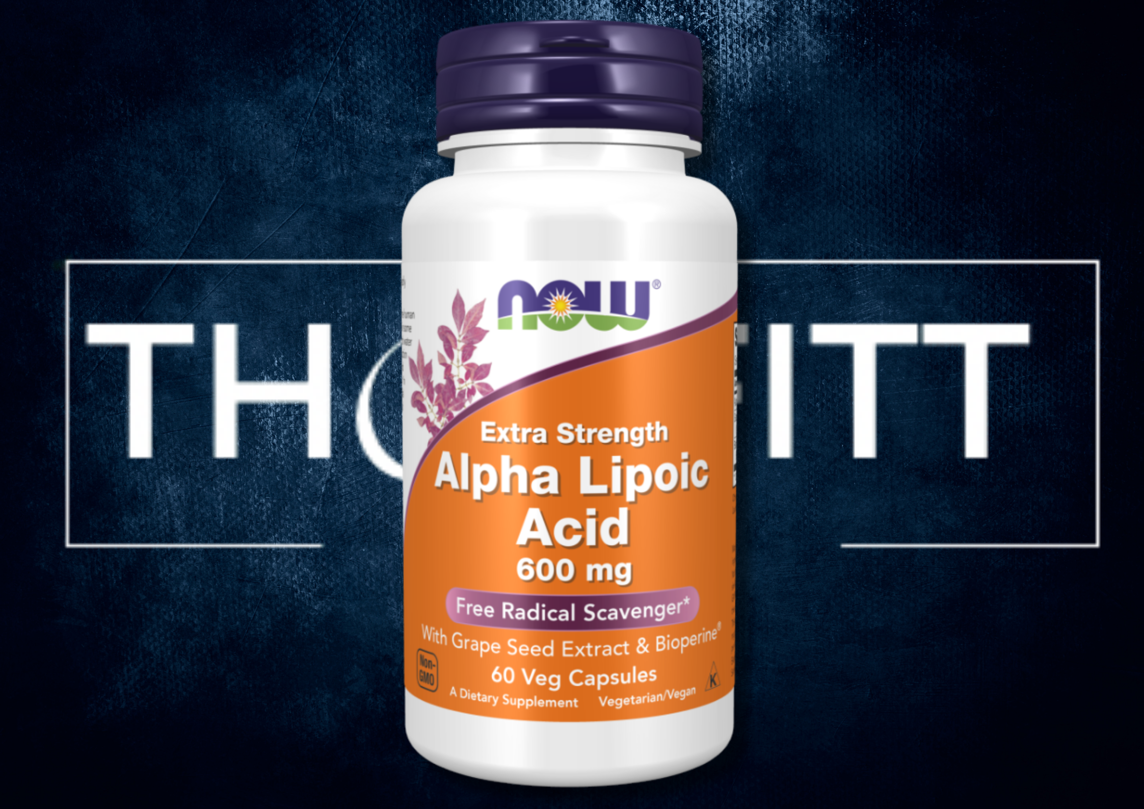 Alpha Lipoic Acid Extra Strength 600 mg supplement, vegetarian capsules, antioxidant support with grape seed extract.