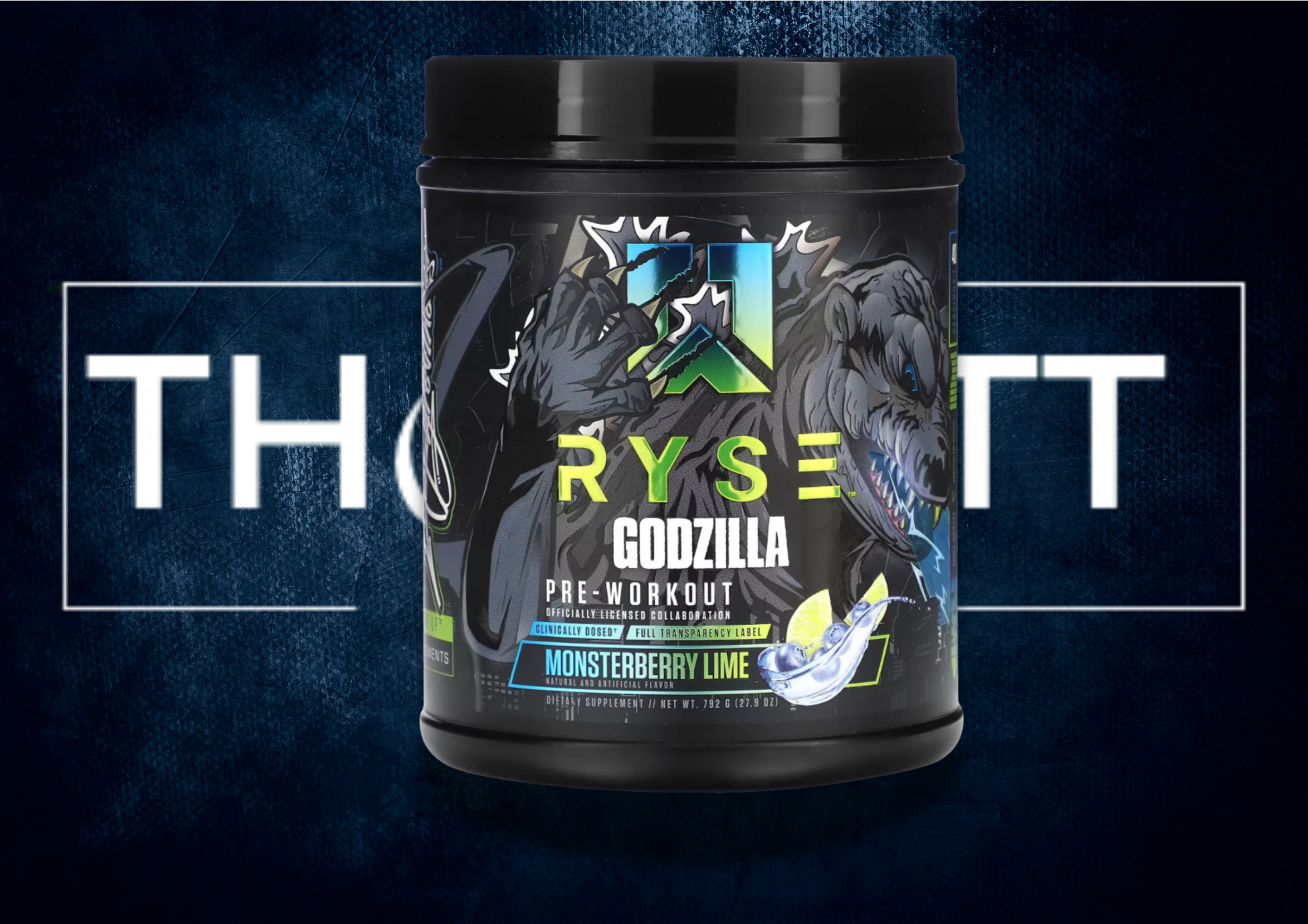 RYSE Godzilla Pre-Workout in Monsterberry Lime flavor, energizing supplement with vitamins and creatine, 1.74 lb container.