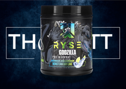 RYSE Godzilla Pre-Workout in Monsterberry Lime flavor, energizing supplement with vitamins and creatine, 1.74 lb container.