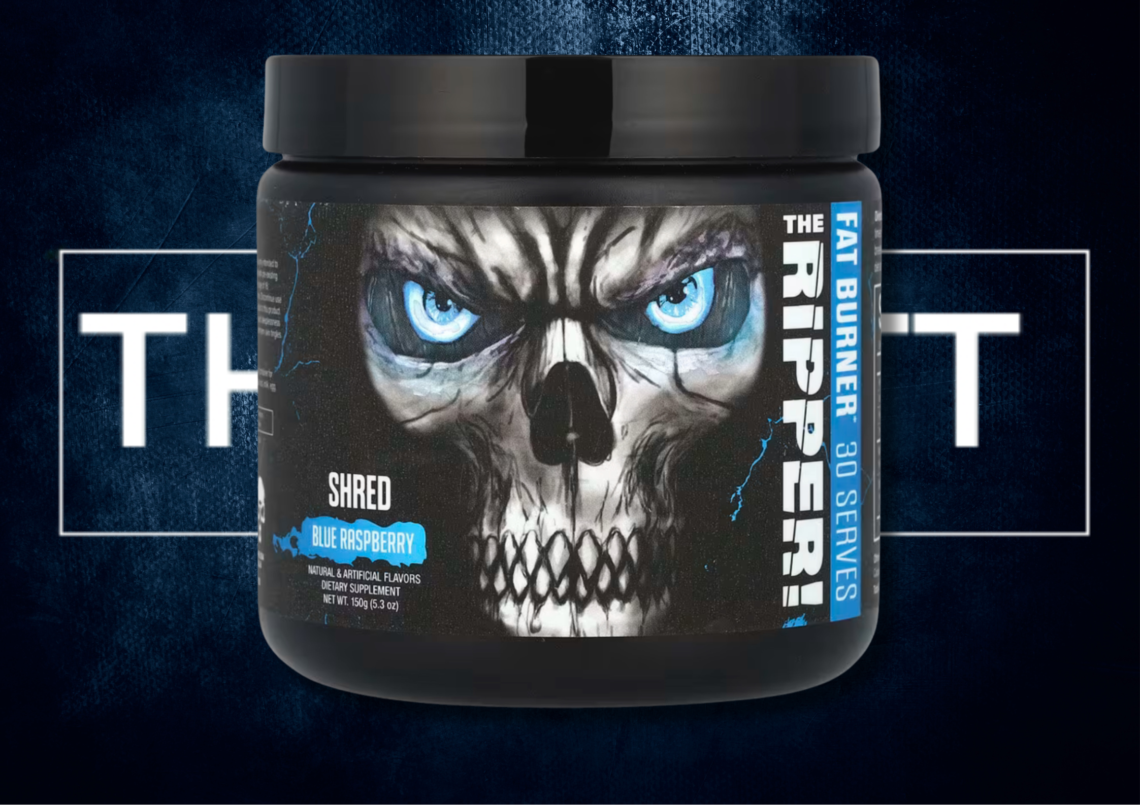 JNX Sports The Ripper fat burner in blue raspberry flavor, gluten-free, vegan, supports energy and fat loss.