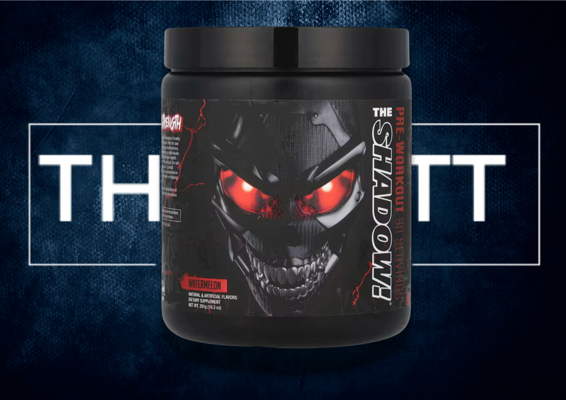 JNX Sports The Shadow! pre-workout supplement in watermelon flavor, featuring intense skull design for energy and focus.