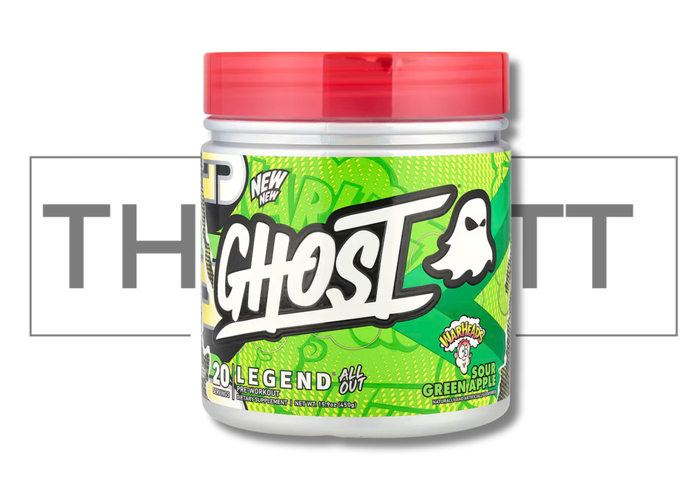 Ghost Legend® All Out Pre-Workout Warheads® Sour Green Apple, vegansk og glutenfri kosttilskudd med D vitaminer.