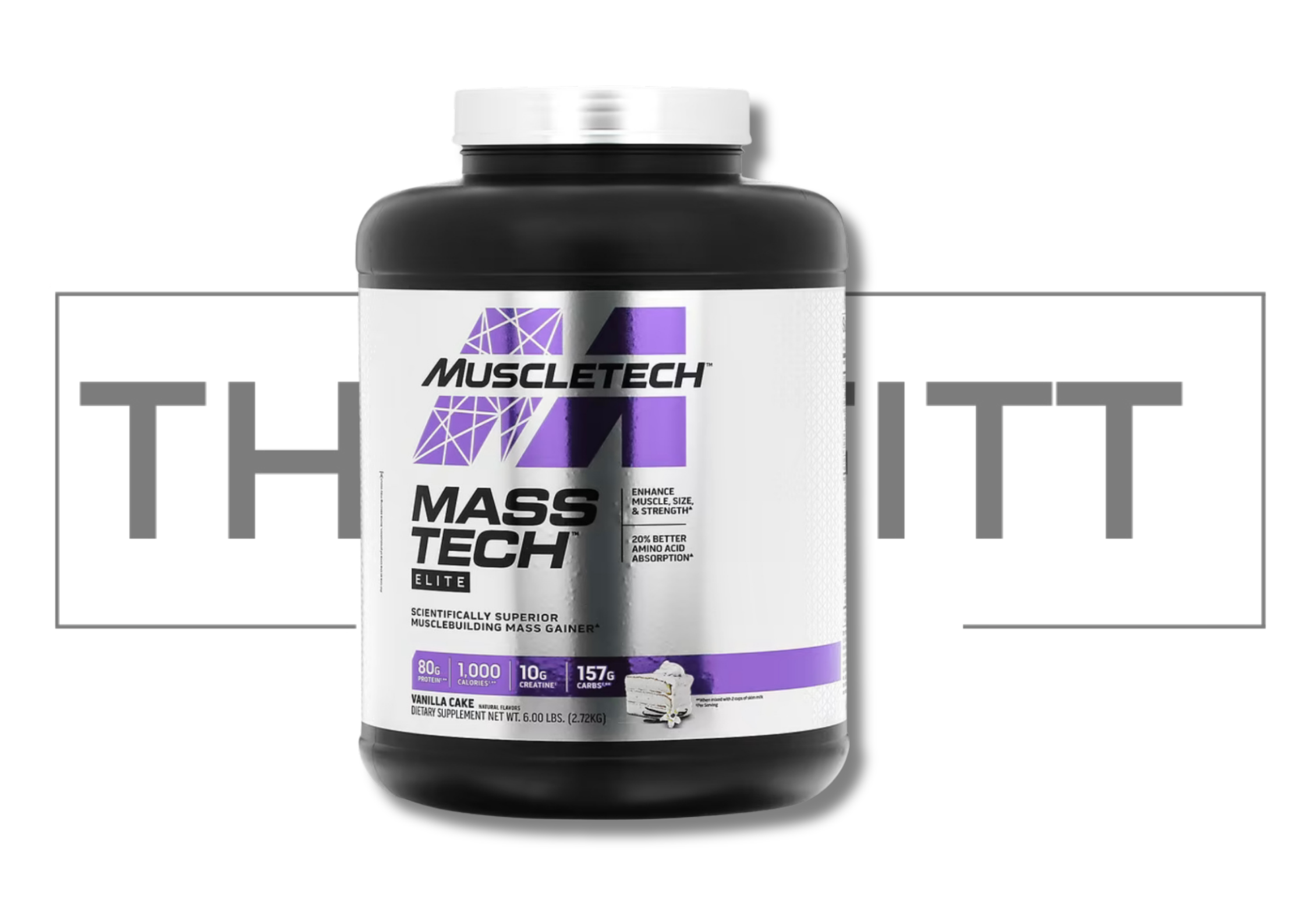 MuscleTech Mass-Tech Elite, vanilla cake flavor, 80g protein, 1000 calories, 10g creatine, 157g carbs, 6 lbs.