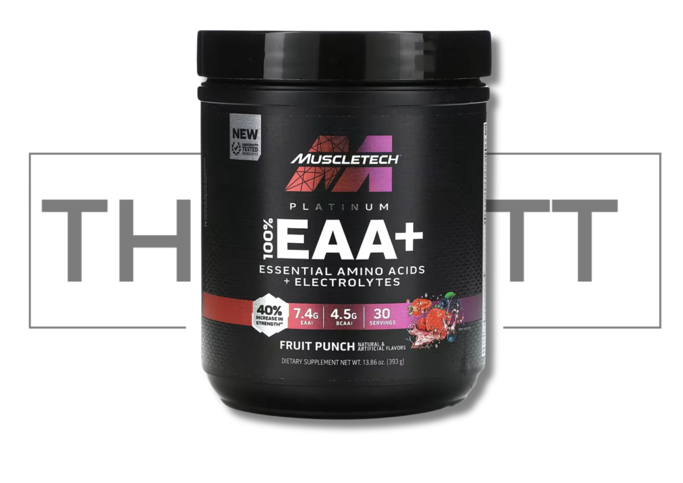 MuscleTech Platinum 100% EAA+ Fruit Punch, 13.86 oz, kosttilskudd med essensielle aminosyrer og elektrolytter.