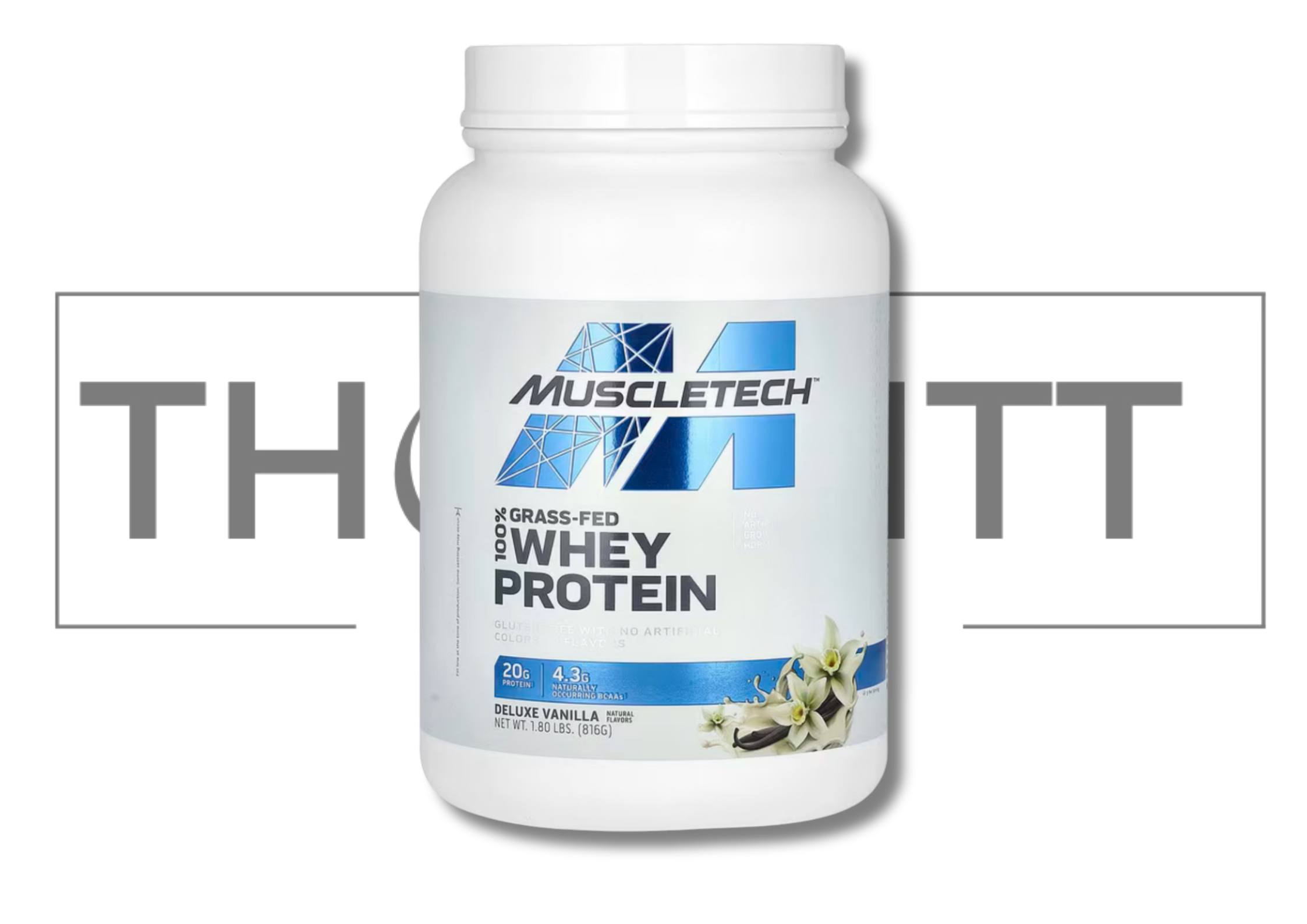 MuscleTech 100% Grass-Fed Whey Protein in Deluxe Vanilla, 1.8 lbs, gluten-free with natural flavors and BCAAs.
