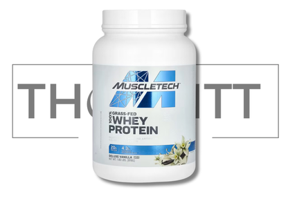 MuscleTech 100% Grass-Fed Whey Protein in Deluxe Vanilla, 1.8 lbs, gluten-free with natural flavors and BCAAs.