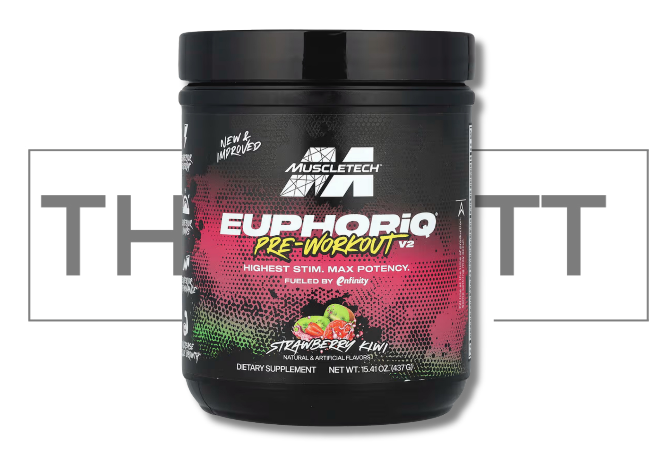 MuscleTech EuphoriQ Pre-Workout V2 Strawberry Kiwi, kosttilskudd for energi og ytelse, 15.41 oz.