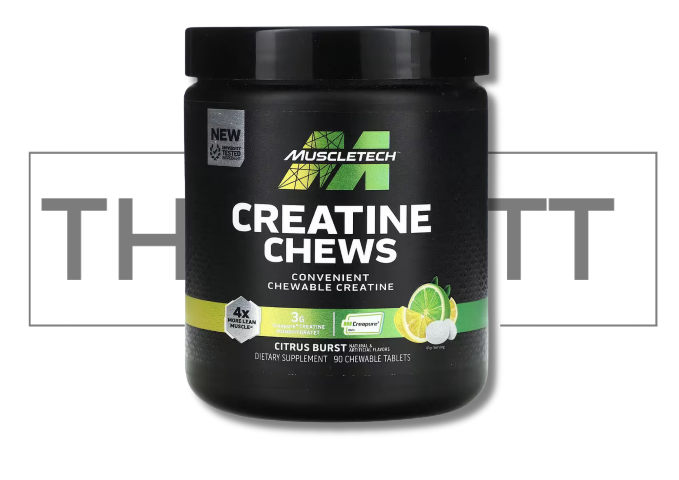 MuscleTech Creatine Chews, Citrus Burst flavor, 90 chewable tablets, 3g Creapure per serving, kosttilskudd for muskelvekst.
