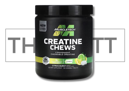 MuscleTech Creatine Chews, Citrus Burst flavor, 90 chewable tablets, 3g Creapure per serving, kosttilskudd for muskelvekst.