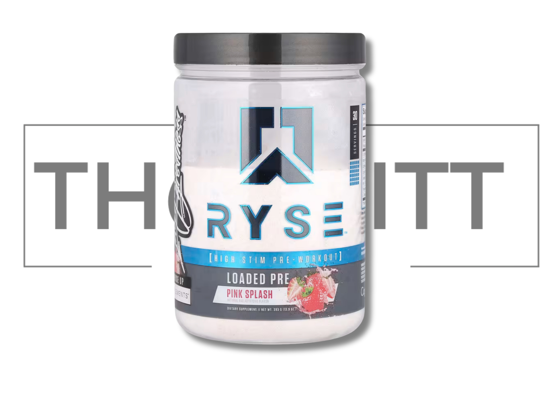 RYSE Loaded Pre high stim pre-workout supplement in Pink Splash flavor, 13.9 oz, packed with vitamins and creatine.