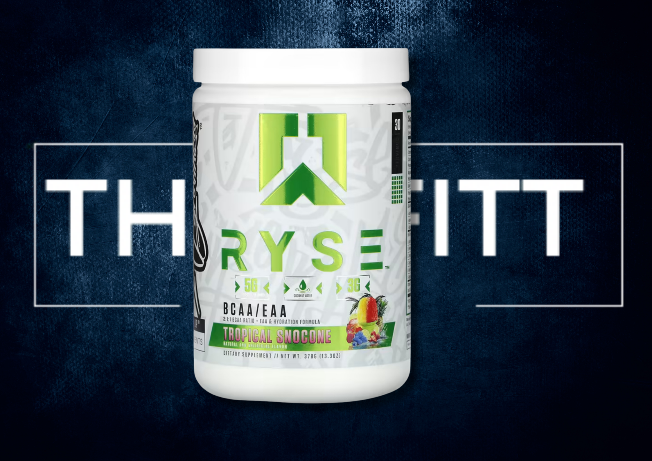 RYSE BCAA/EAA Tropical Snocone kosttilskudd for utholdenhet og hydrering, 378 g med vitaminer.