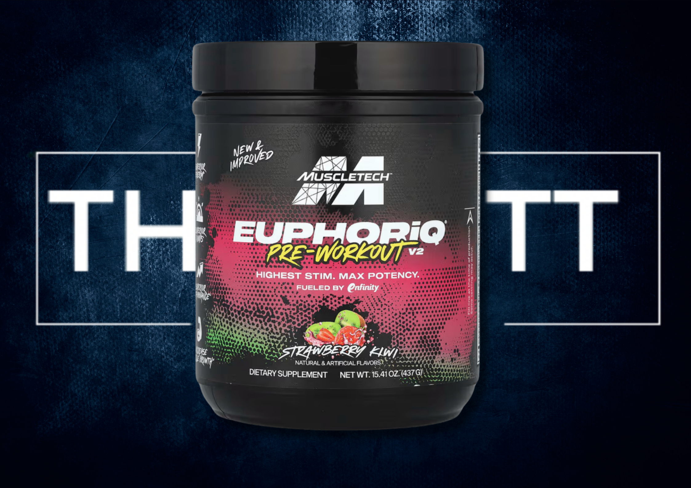 MuscleTech EuphoriQ Pre-Workout V2, Strawberry Kiwi, kosttilskudd for energi og ytelse, 15.41 oz.