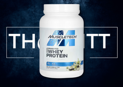MuscleTech 100% Grass-Fed Whey Protein Deluxe Vanilla, glutenfri med 20 g protein, kosttilskudd for sunn livsstil.