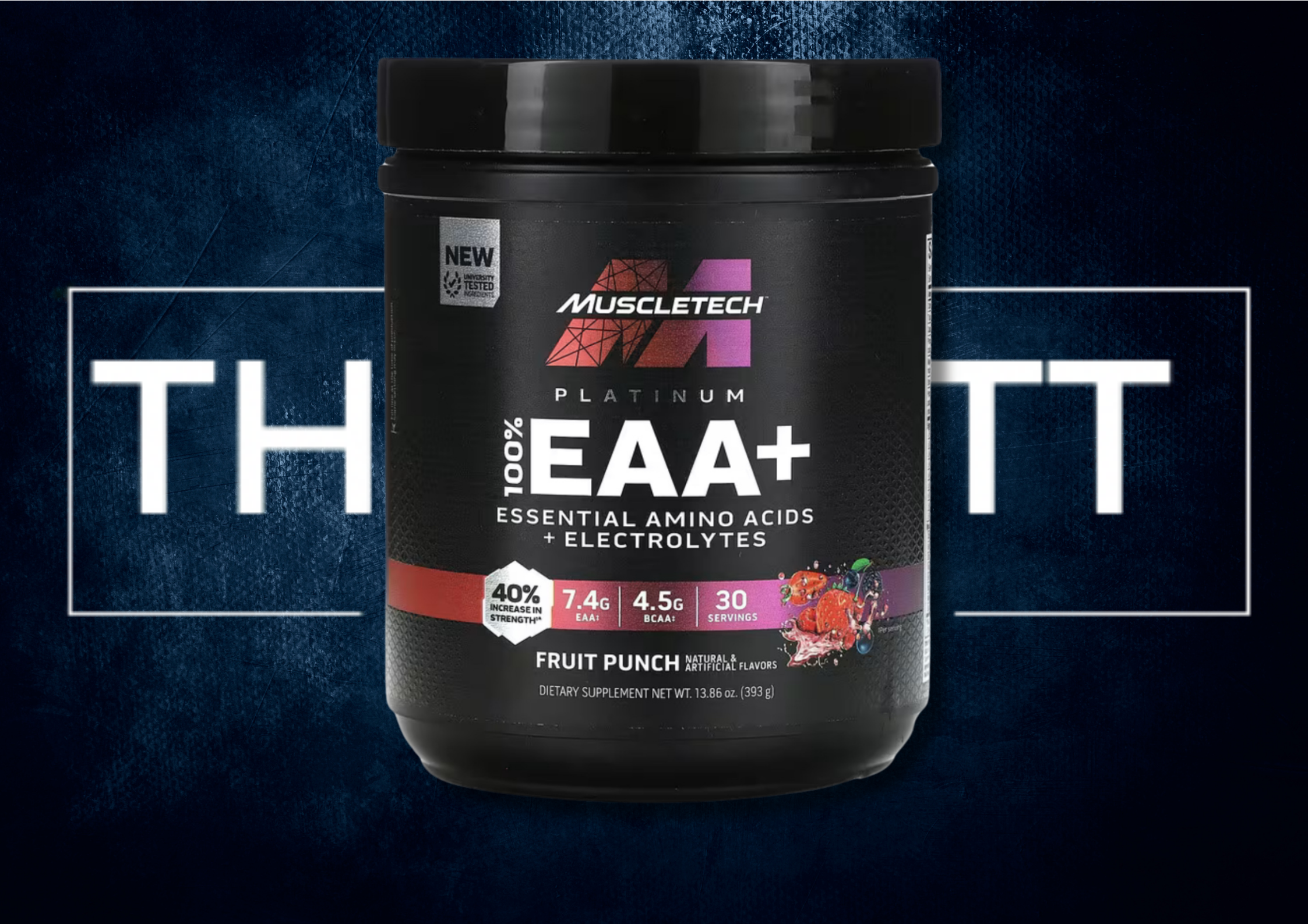 MuscleTech Platinum 100% EAA+ Fruit Punch, 13.86 oz, 7.4 g EAA, kosttilskudd for styrke og hydreringsstøtte.