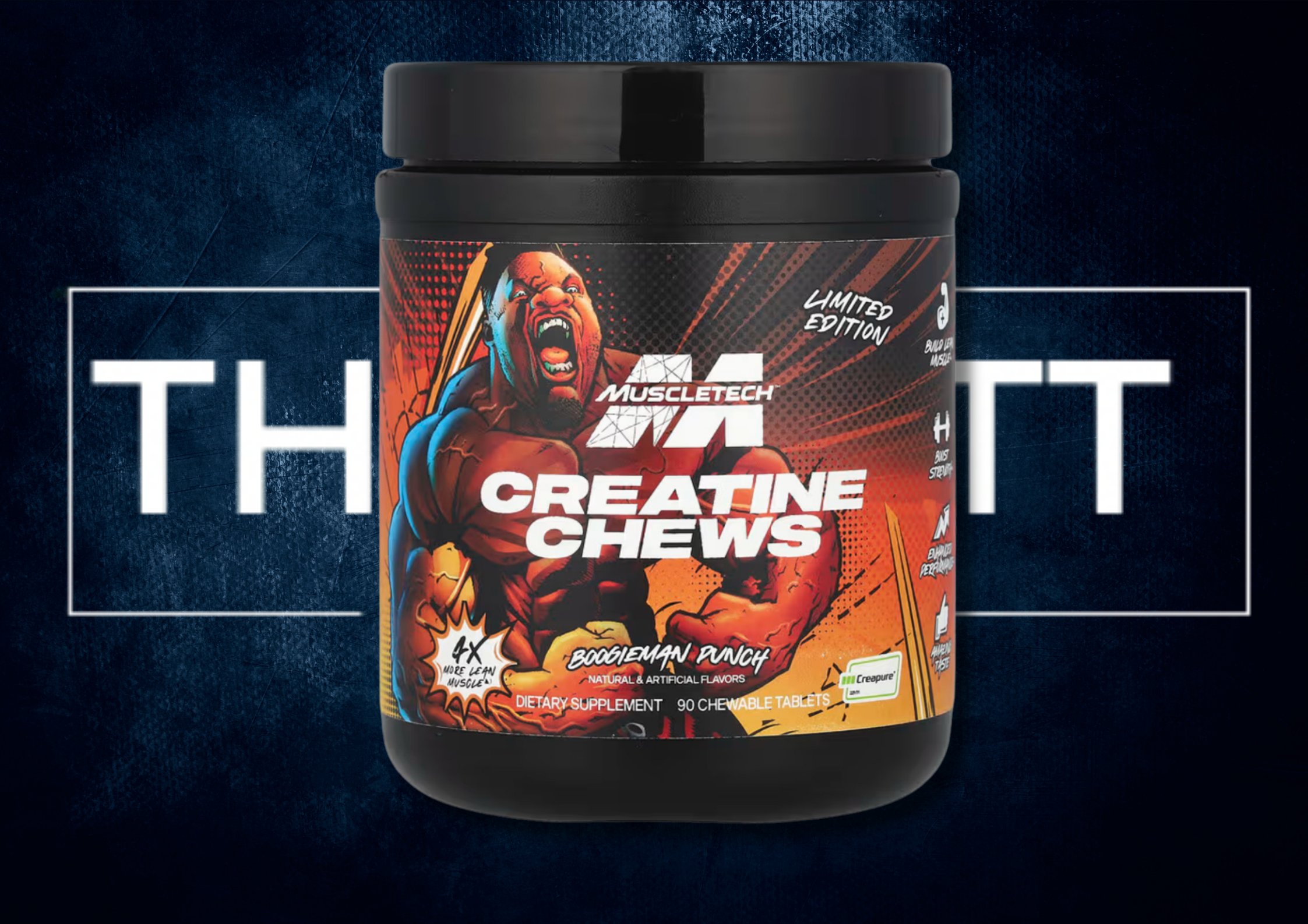 MuscleTech Creatine Chews, Limited Edition, Boogieman Punch, 90 chewable tablets for muscle growth and enhanced performance.