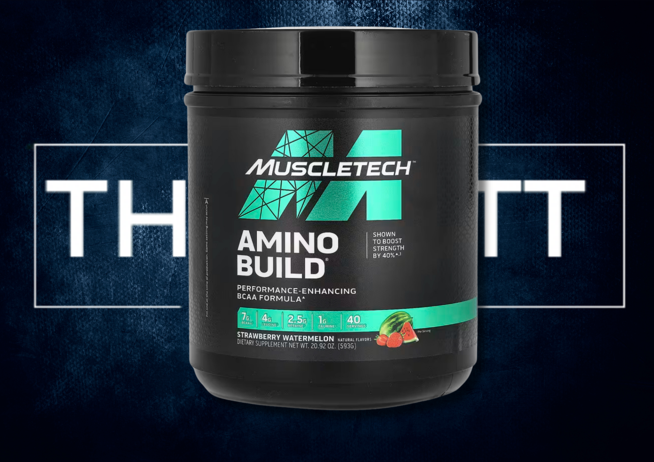 MuscleTech Amino Build BCAA supplement in Strawberry Watermelon flavor, performance-enhancing formula with creatine and vitamins.
