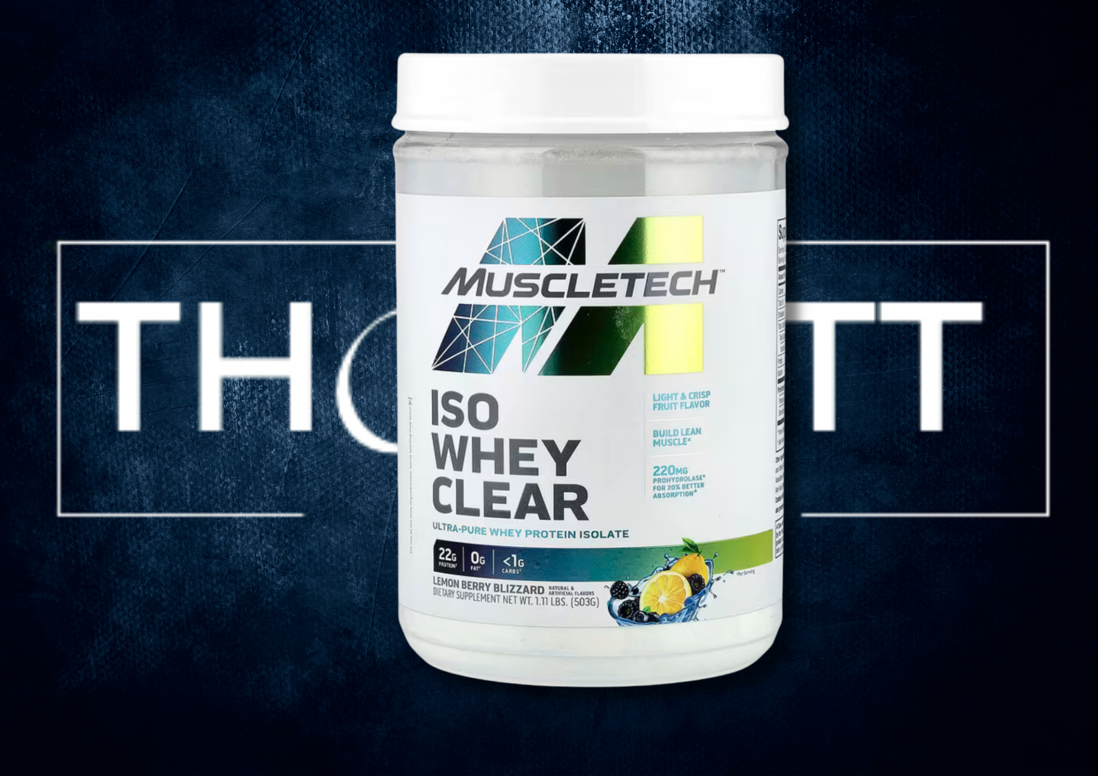 MuscleTech ISO Whey Clear protein supplement, Lemon Berry Blizzard, 1.11 lbs, for lean muscle with vitamins and creatine.