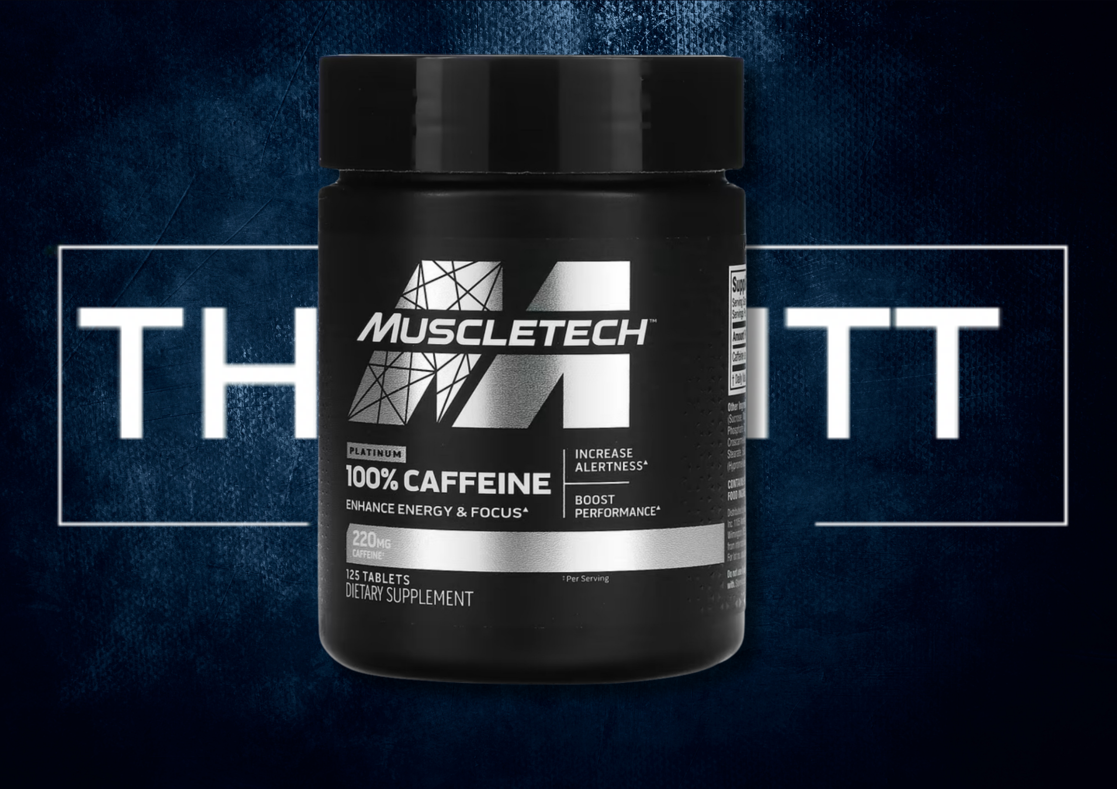 MuscleTech Platinum 100% Caffeine, 220 mg, 125 tablets for energy, focus, and performance enhancement.