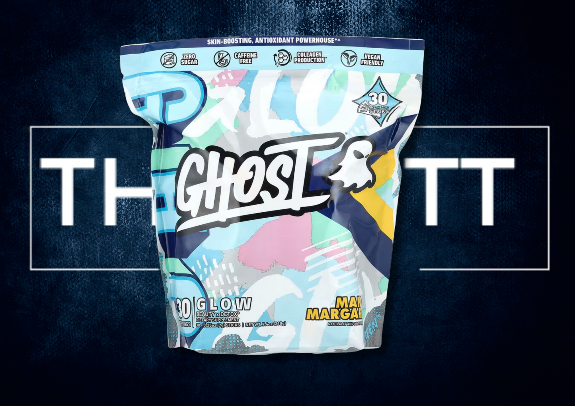 Ghost Glow, skin-boosting dietary supplement with antioxidants, 30 servings, vibrant packaging.