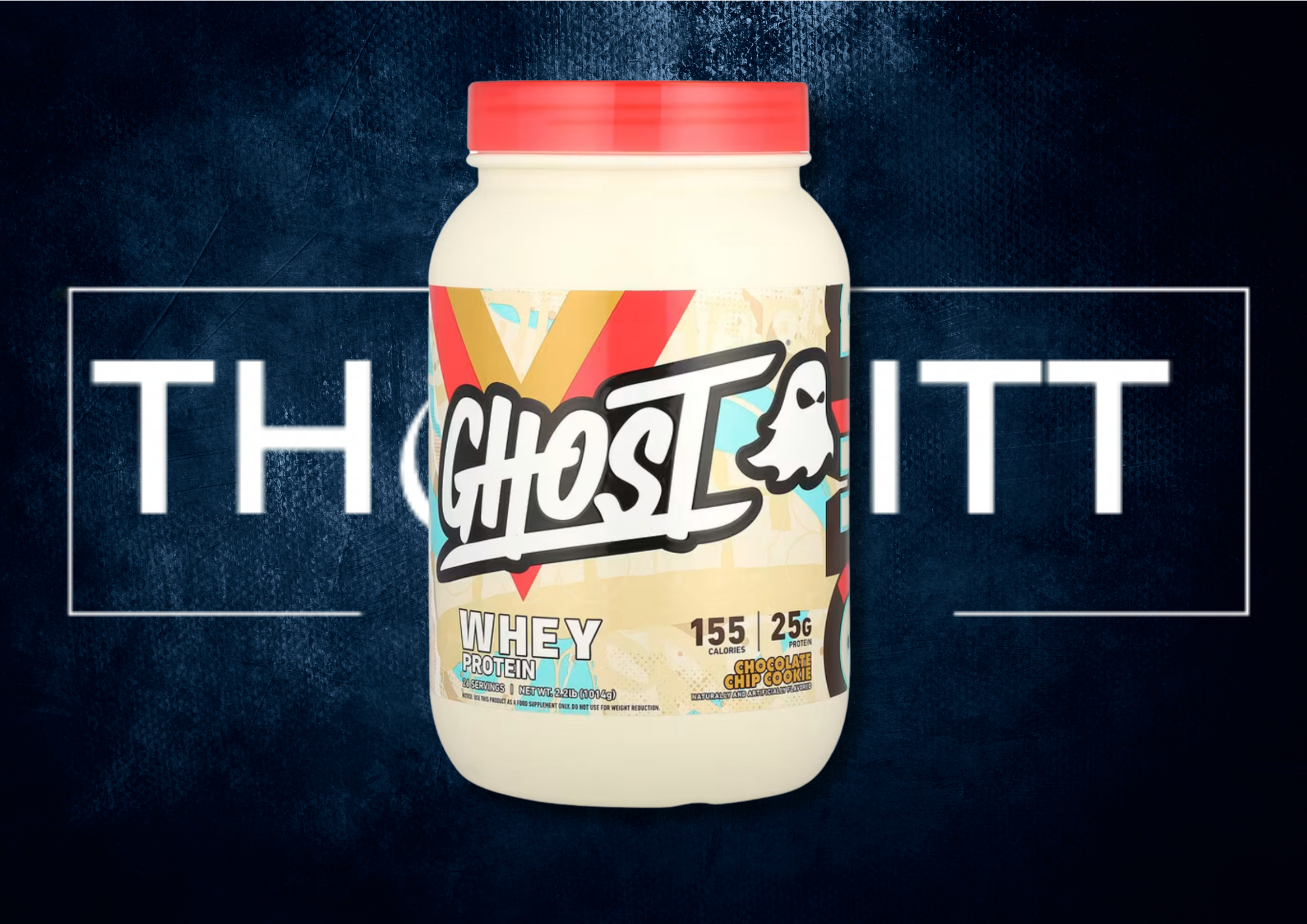 GHOST Whey Protein Chocolate Chip Cookie 2.2 lb kosttilskudd med 155 kalorier og 25 g protein, perfekt for trening.
