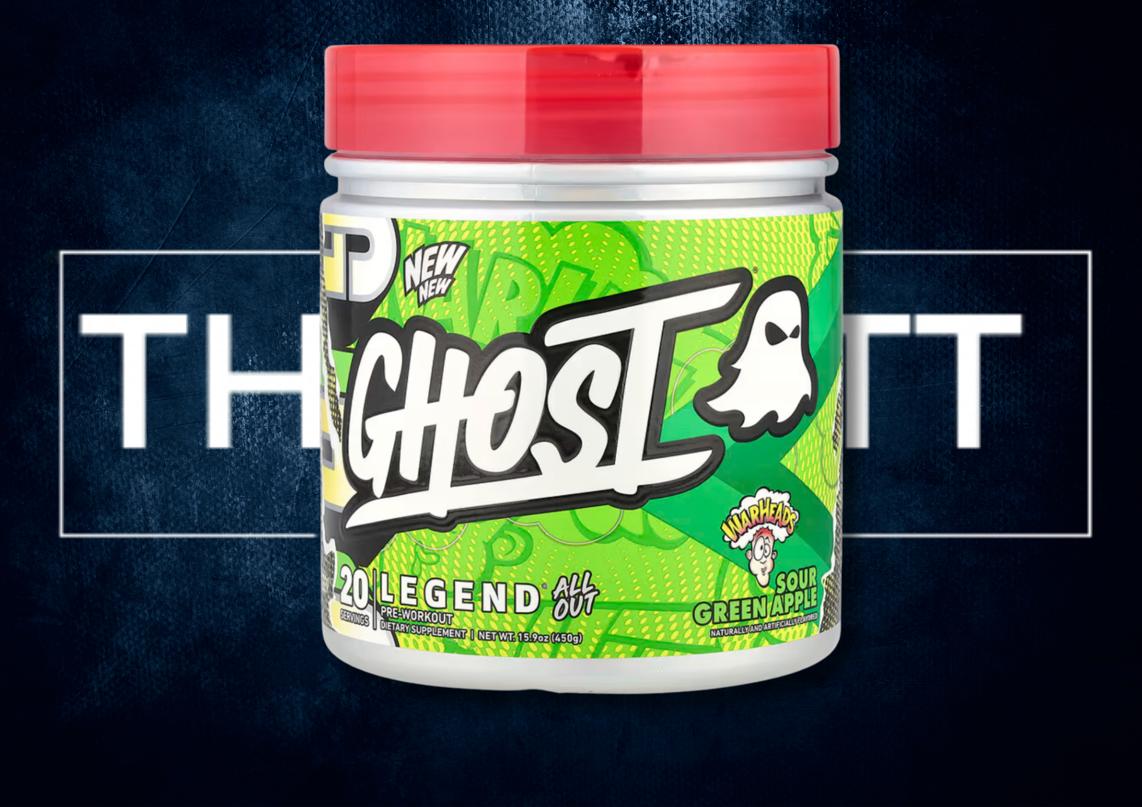 Ghost Legend All Out Pre-Workout Sour Green Apple 450g, vegan, gluten-free, enriched with vitamins and creatine.