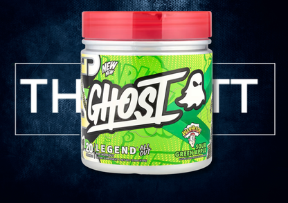 Ghost Legend All Out Pre-Workout Sour Green Apple 450g, vegan, gluten-free, enriched with vitamins and creatine.