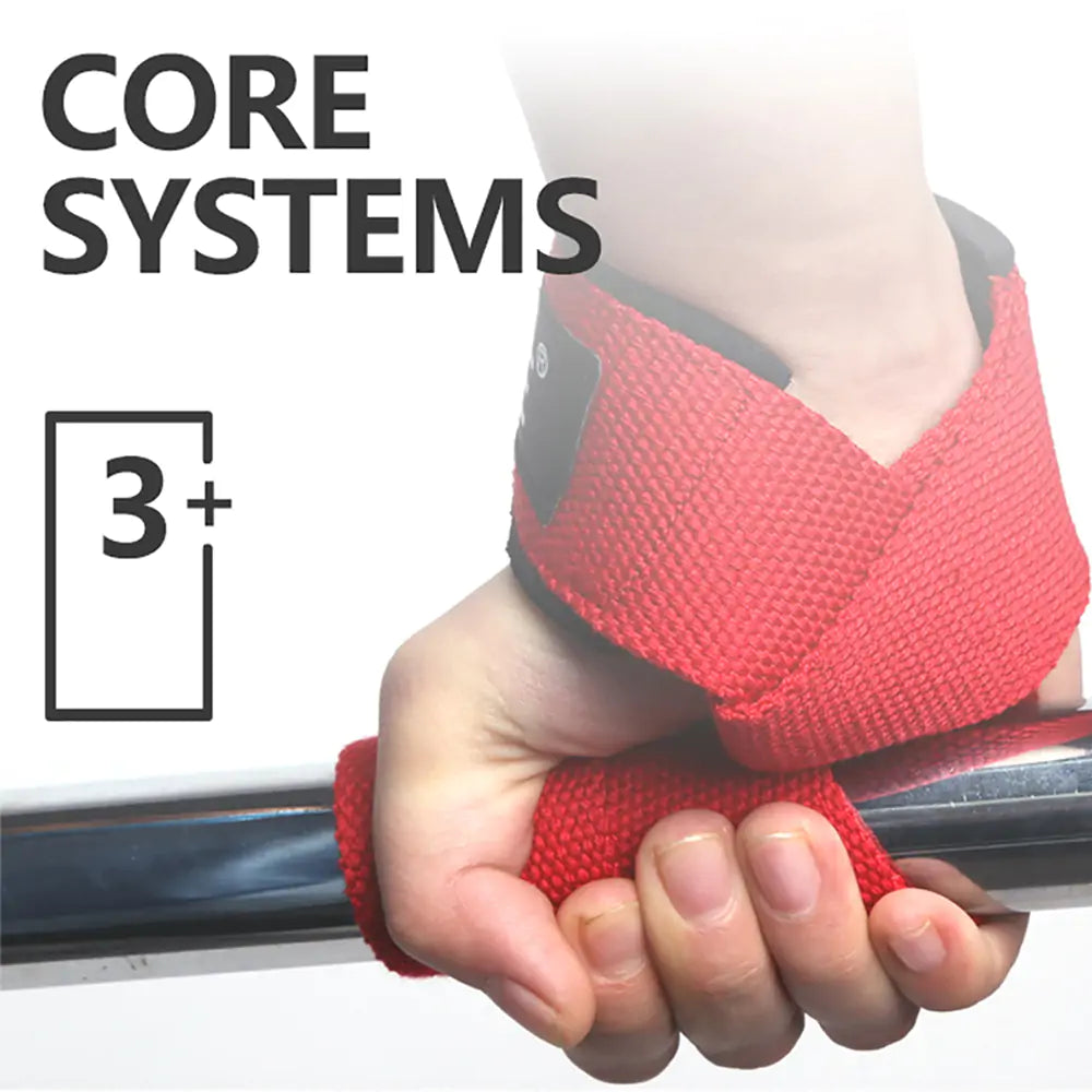 Håndleddsremmer fra Core Systems i rødt, gir støtte under intens trening.