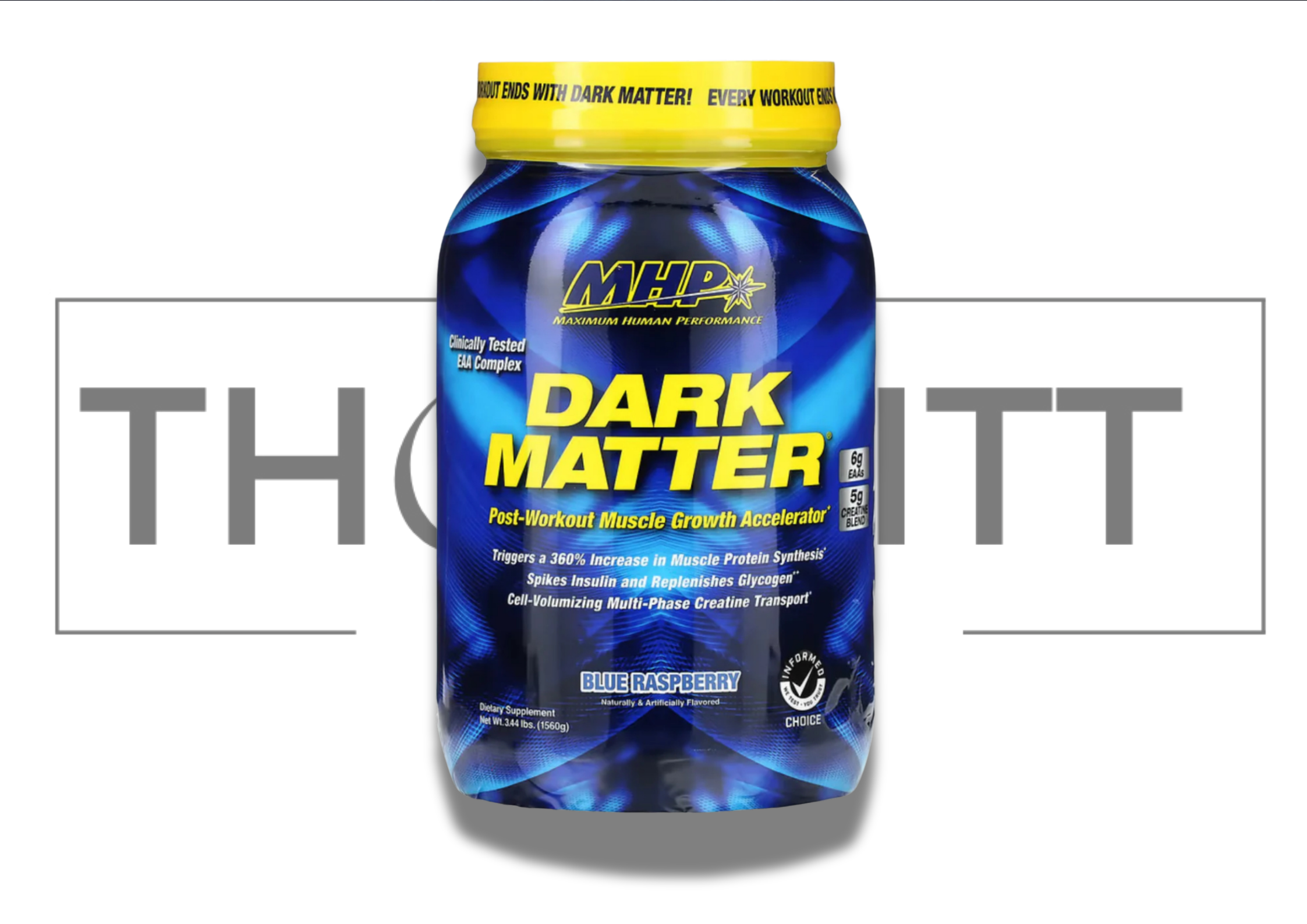 MHP Dark Matter Blue Raspberry 3.44 lbs kosttilskudd for muskelvekst, inkludert kreatin og vitaminer.