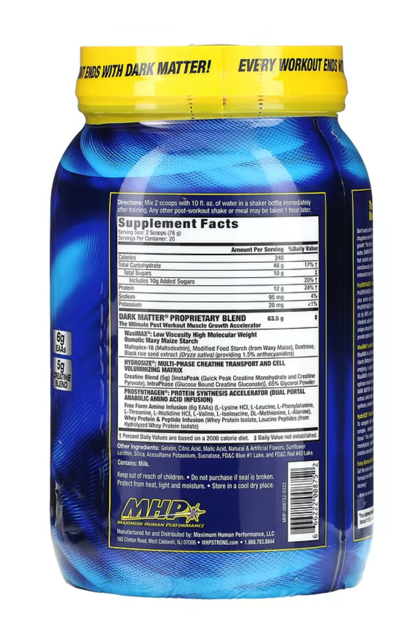 Næringsinnhold og supplement fakta for MHP Dark Matter, Blue Raspberry, 3.44 lbs kreatin kosttilskudd.