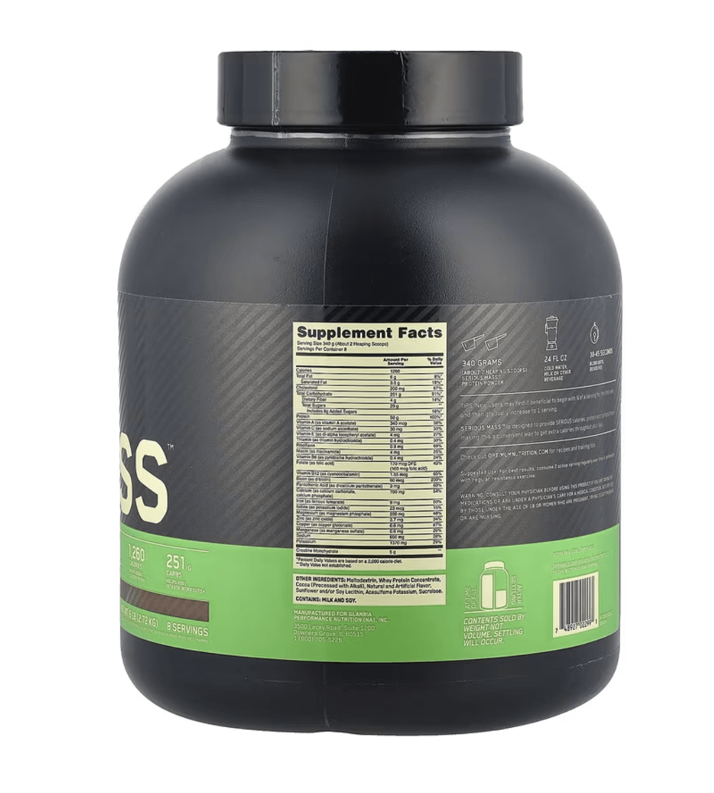 Optimum Nutrition Serious Mass™ protein powder, chocolate flavor, 6 lb, with supplement facts label and nutritional information.