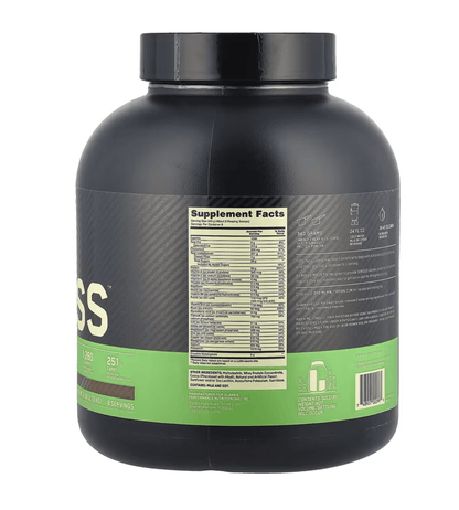 Optimum Nutrition Serious Mass™ protein powder, chocolate flavor, 6 lb, with supplement facts label and nutritional information.