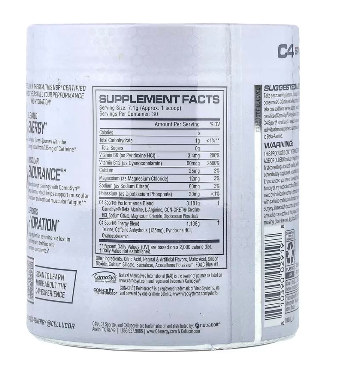 C4 Sport Pre-Workout supplement facts label, featuring vitamins, kreatin, og D vitaminer for optimal ytelse.